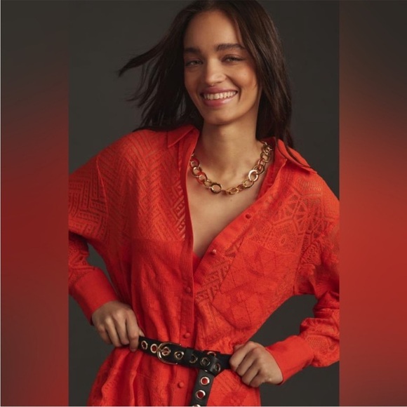 NWOT Anthropologie Maeve Long-Sleeve Collared Shirt Dress Coverup Red - Picture 4 of 16